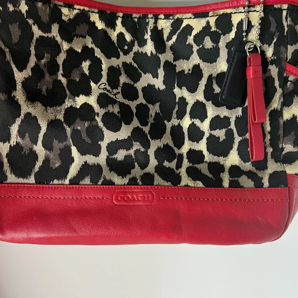 Coach ocelot leopard‎ red Carrie tote handbag